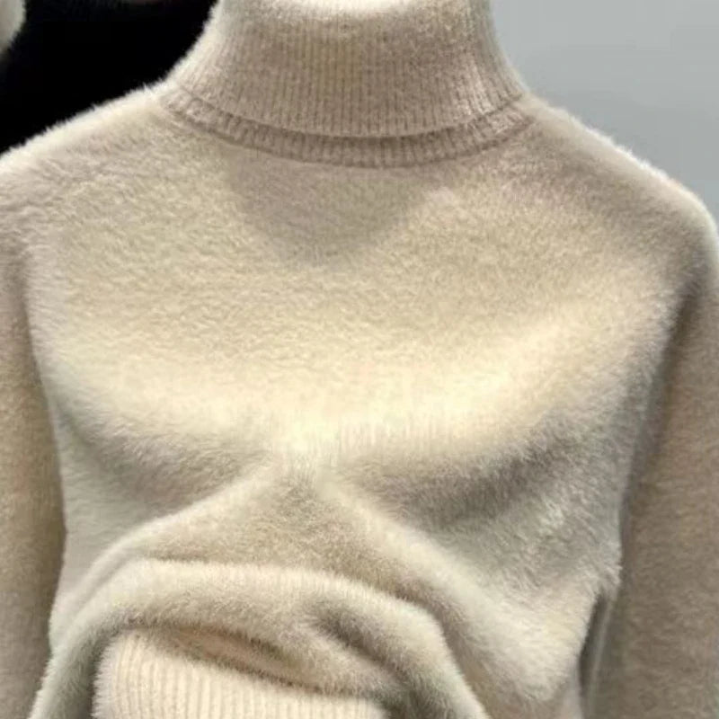 Mjuk Höghalsad Tröja för Dam i Fluffigt Material, Långärmad