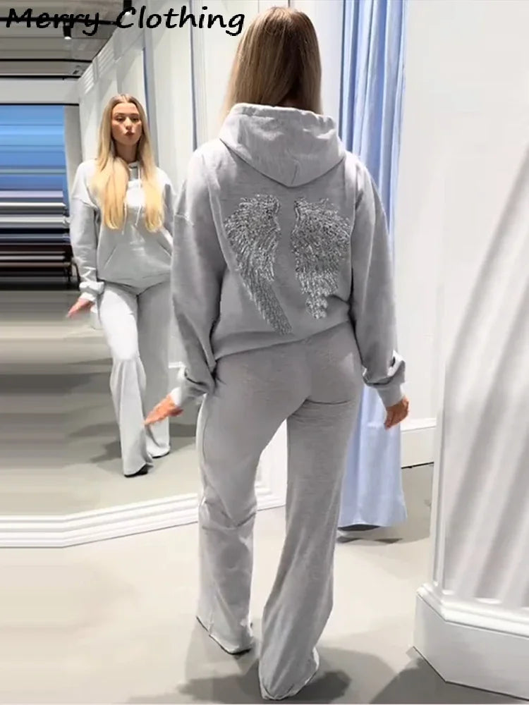 Dam Hoodie med Paljettvingar, Långärmad, Svart, Marinblå, Grå