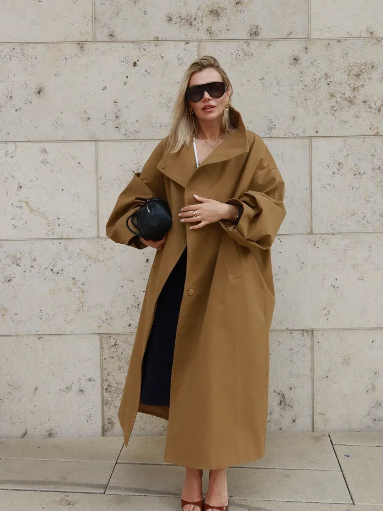 Kvinnors Trenchcoat Oversize med Hög Krage och Bälte