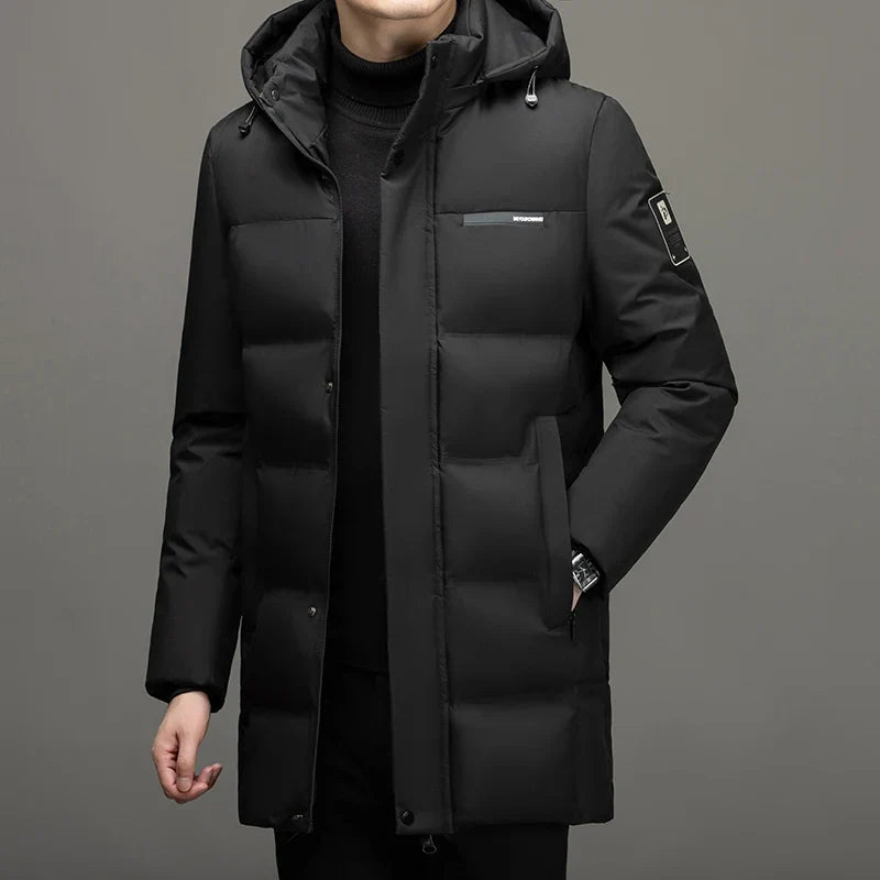 Herr Lång Dunjacka Vinter Varm Parkas med Huva