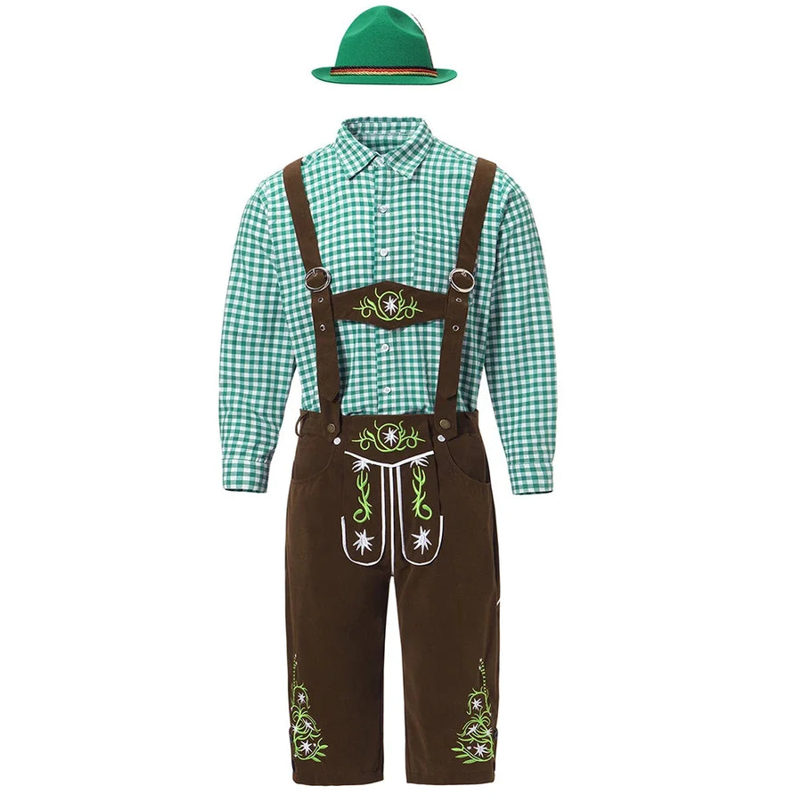 Herr Oktoberfestdräkt Brun/Svart Komplett Set Rutig Skjorta Hängselbyxor och Hatt