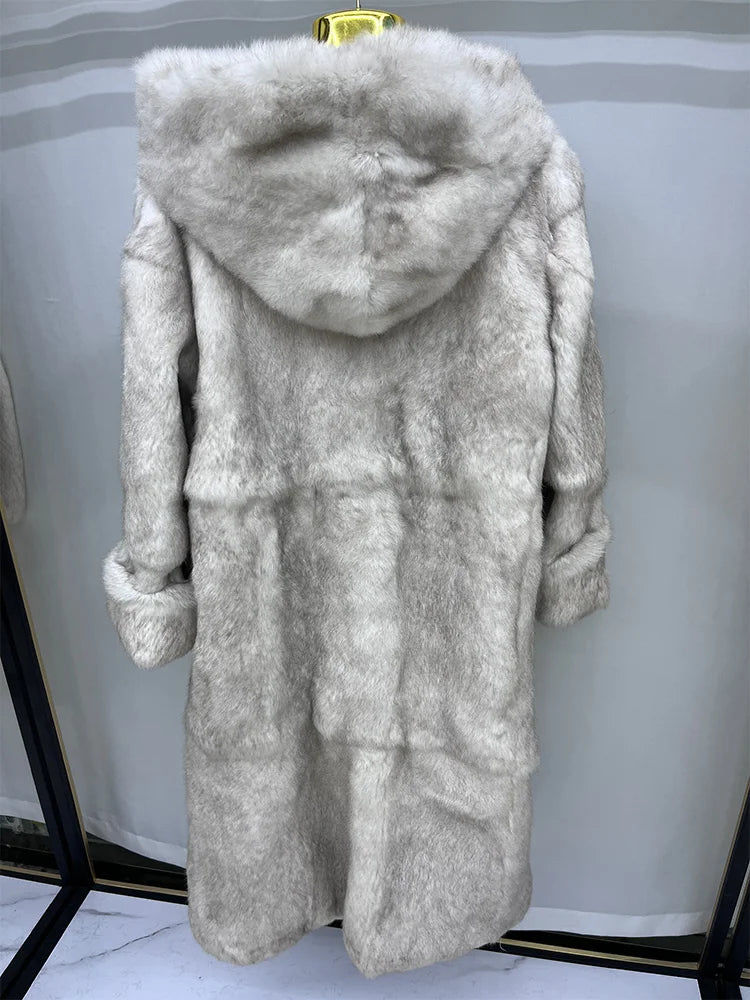 Lång Pälsimitation Kappa med Huva för Dam, Vinterkappa i Mjukt Material