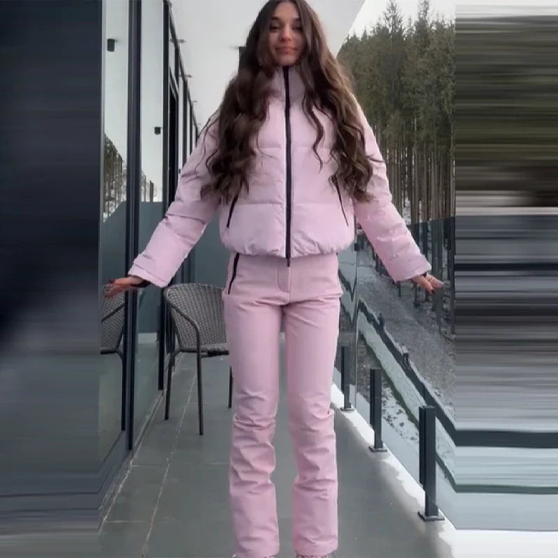 Rosa vinterjacka och byxor set med luva och fuskpälsfodrade handskar