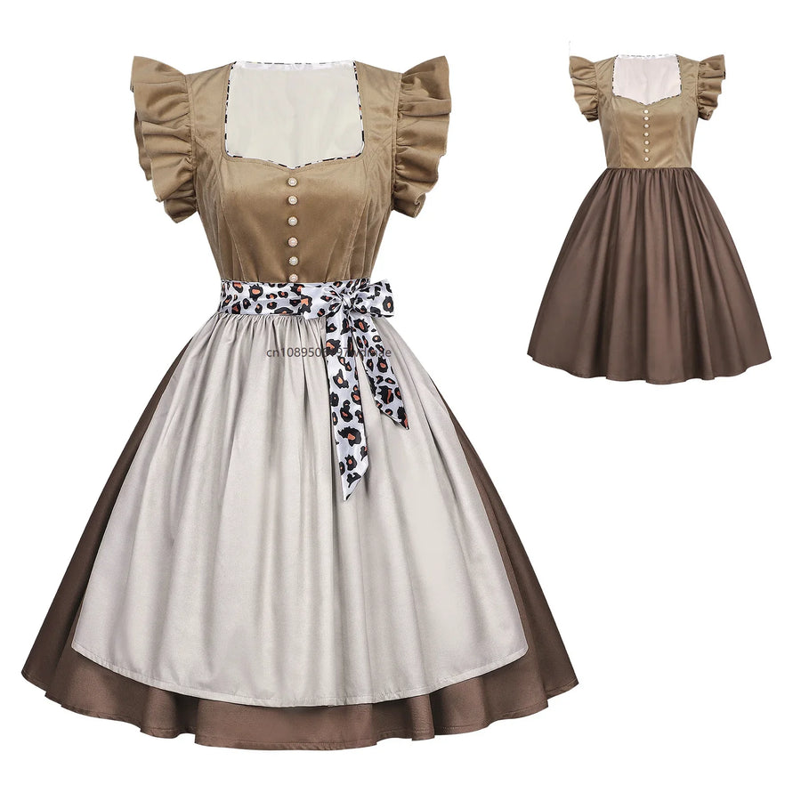 Dam Dirndlklänning med förkläde och midjeband, kortärmad, brun/beige