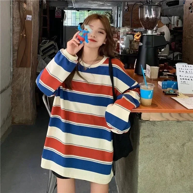 Randig långärmad T-shirt oversized i mjukt material