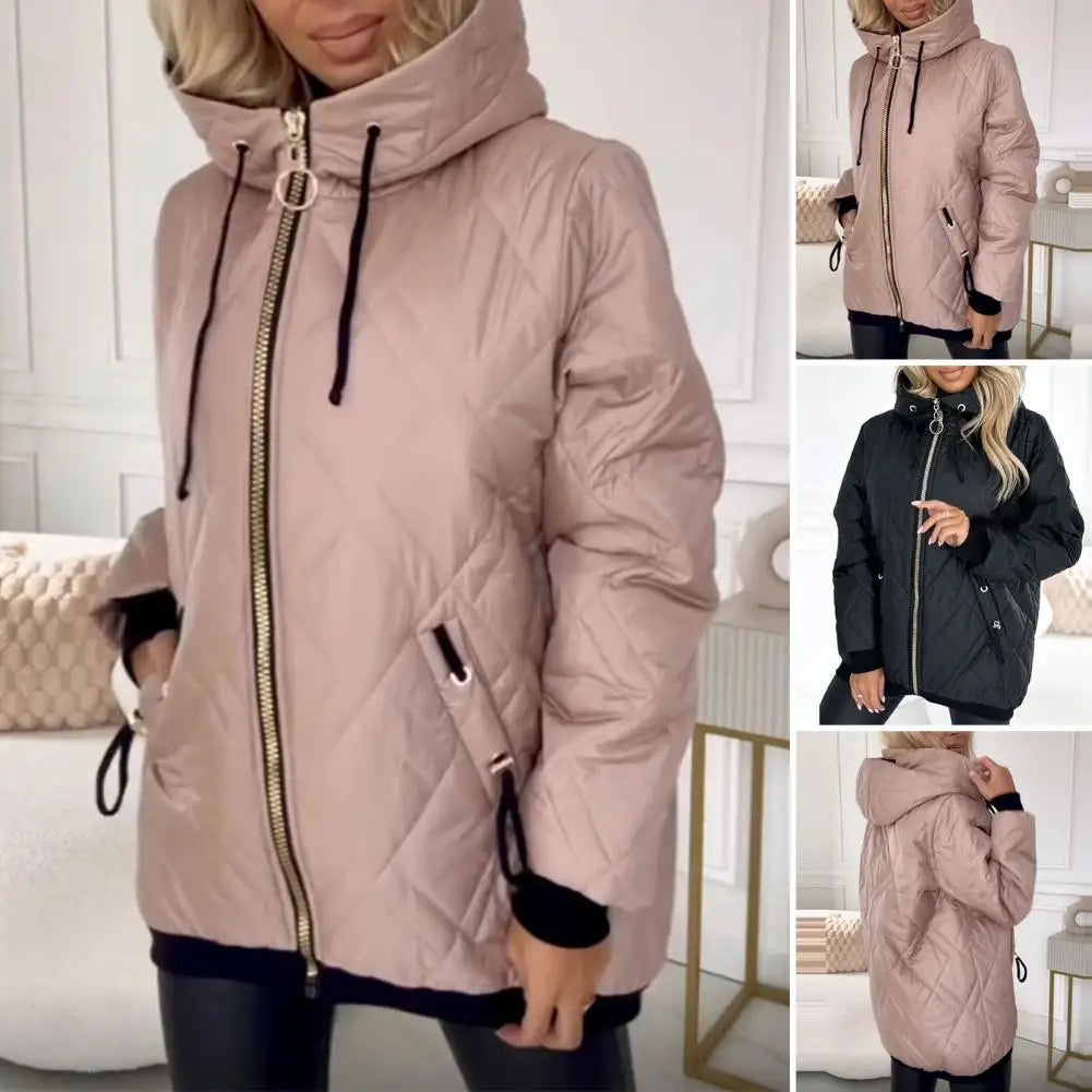 Kvinnors Quiltad Vinterjacka med Huva och Dragkedja