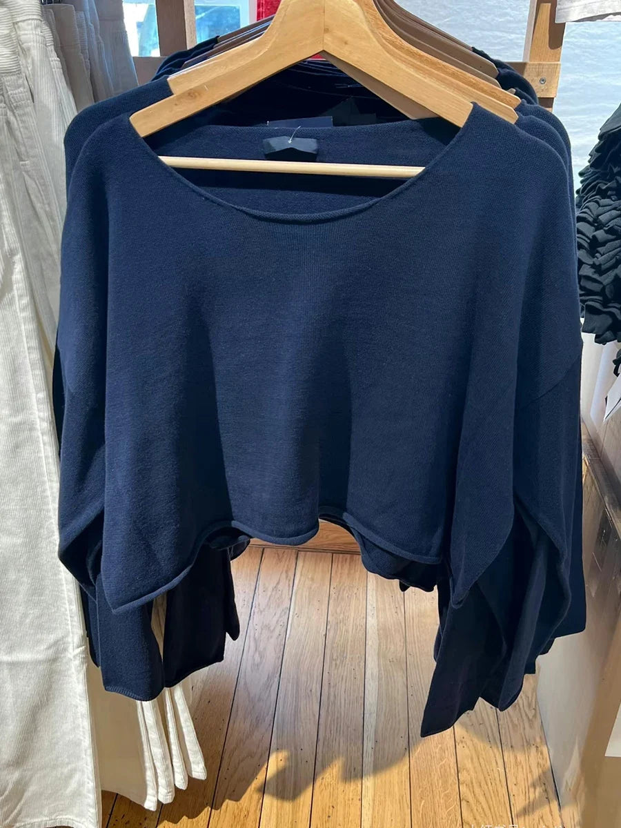 Vid Halsringad Långärmad Tröja Crop Top Grå