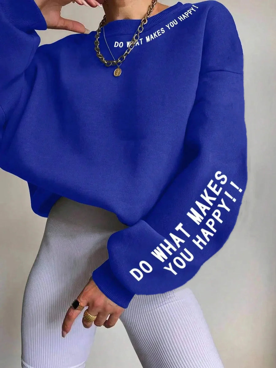 Mjuk Sweatshirt med Texttryck – Rundhalsad Tröja med Lång Ärm och Ribbade Muddar