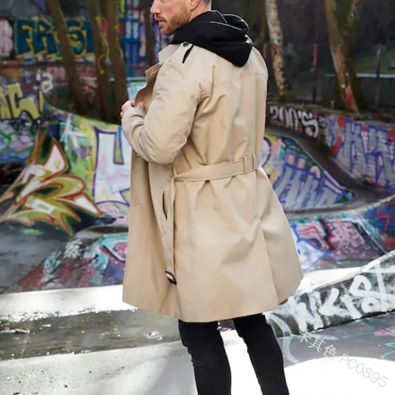 Herr Trenchcoat Lång Dubbelknäppt Rock med Skärp och Krage
