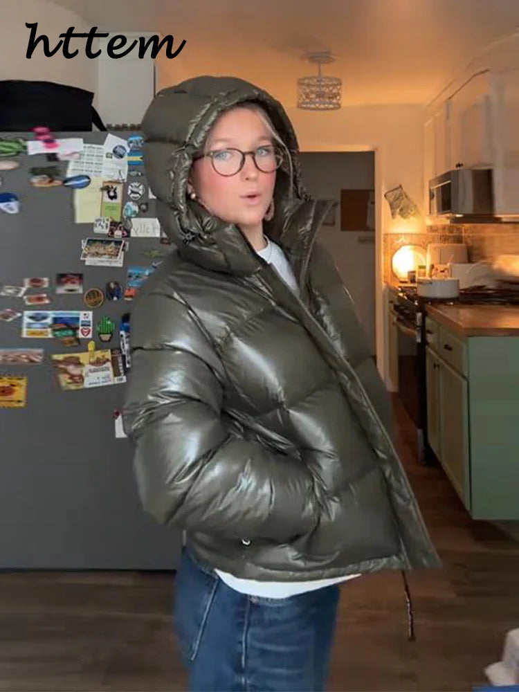Grön glansig dunjacka med huva, kort pufferjacka för dam