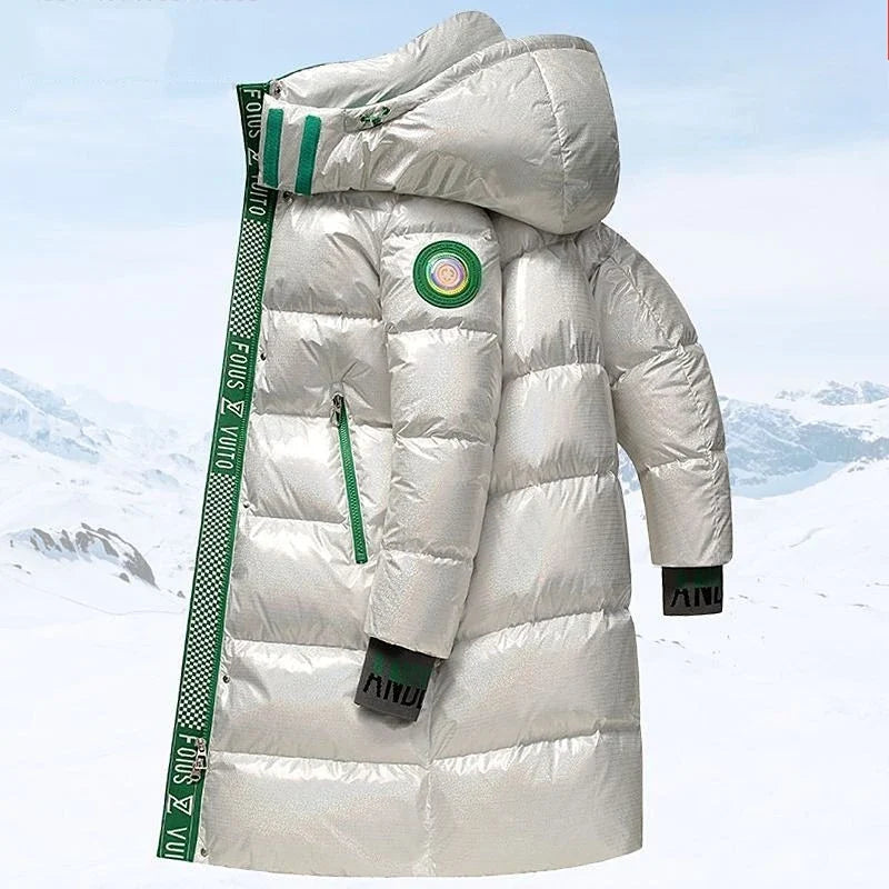 Unisex Glansig Lång Dunjacka med Huva Svart/Vit
