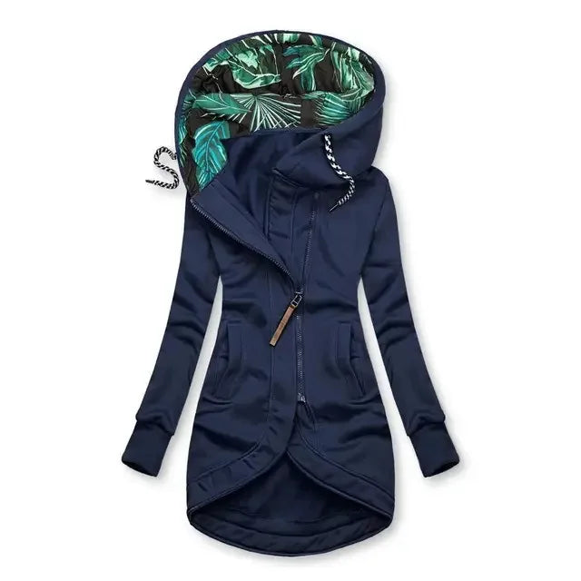 Damhoodie med dragkedja och mönstrad luva, lång modell
