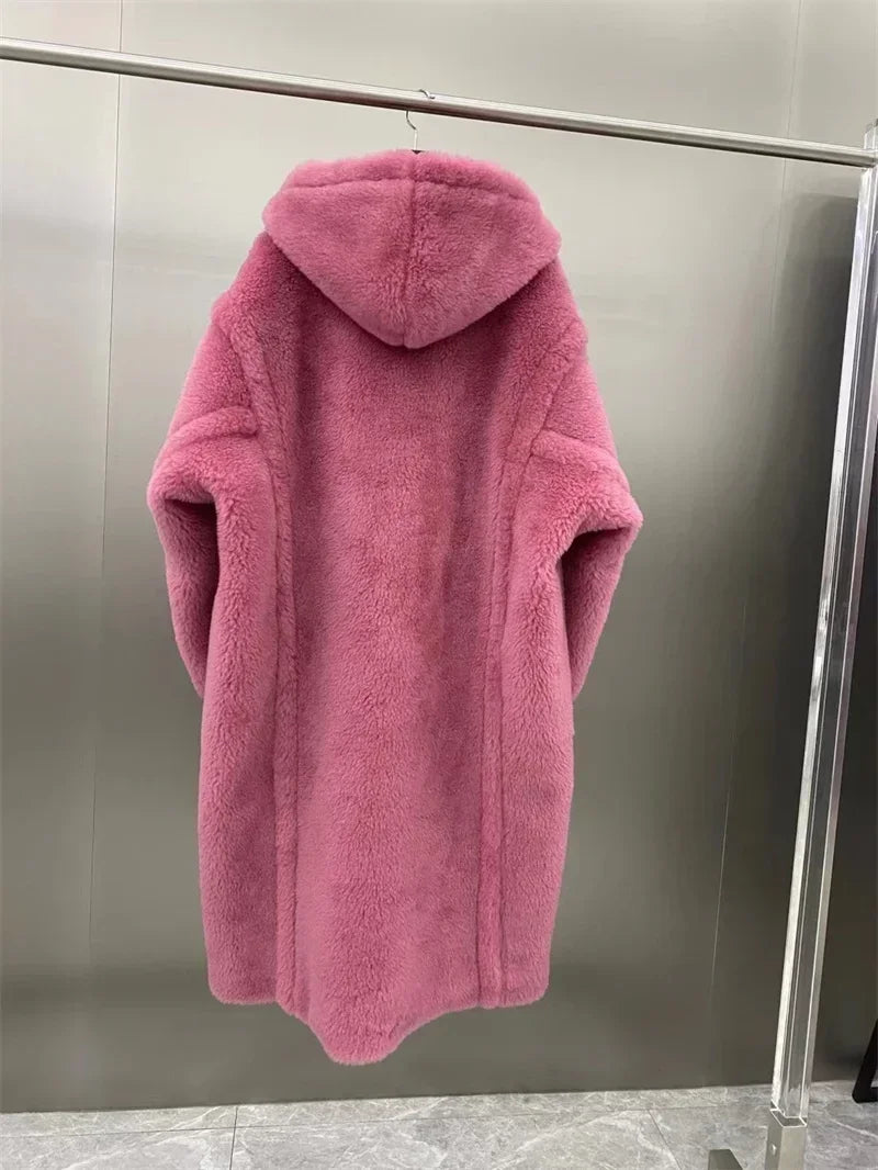 Teddykappa med luva och vantar, lång modell i mjukt material för dam