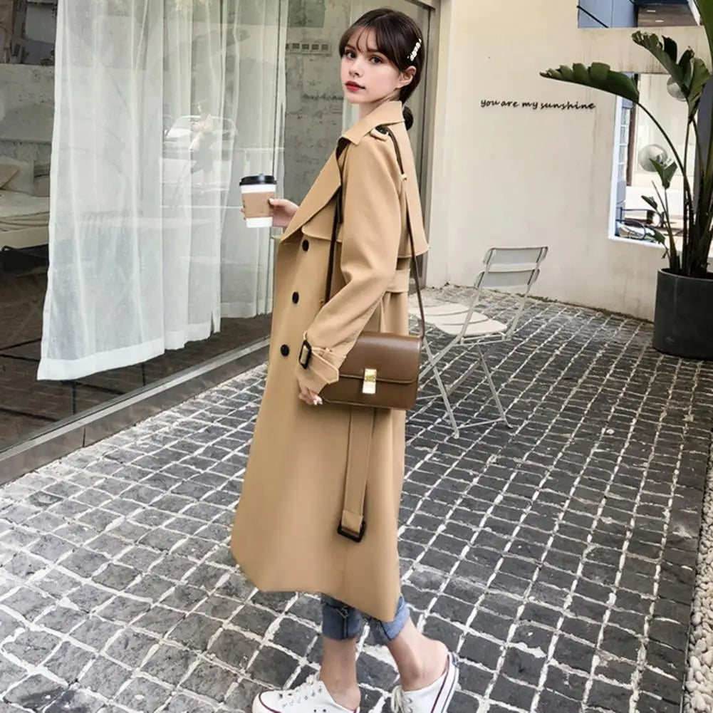 Klassisk Trenchcoat för Dam, Lång Dubbelknäppt Kappa med Bälte
