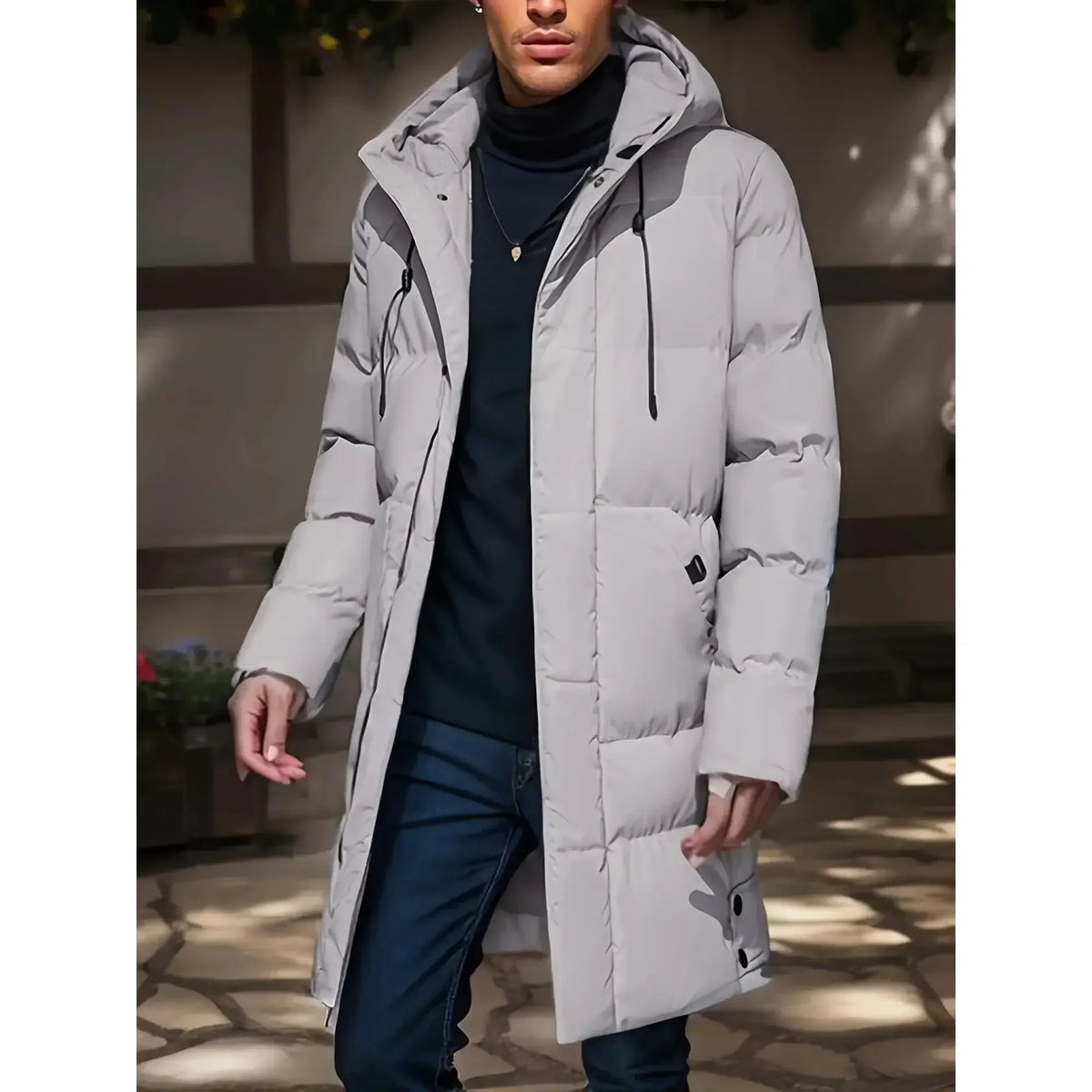 Herr Lång Dunjacka med Huva och Fickor, Varm Parkas i Enfärgad Design
