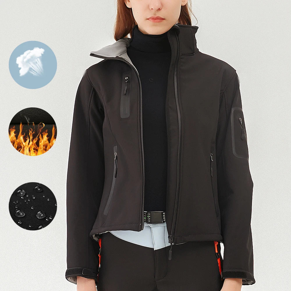 Varm Vinterjacka Dam Softshell med Huva och Fickor, Vindtät Vattenavvisande Friluftsjacka