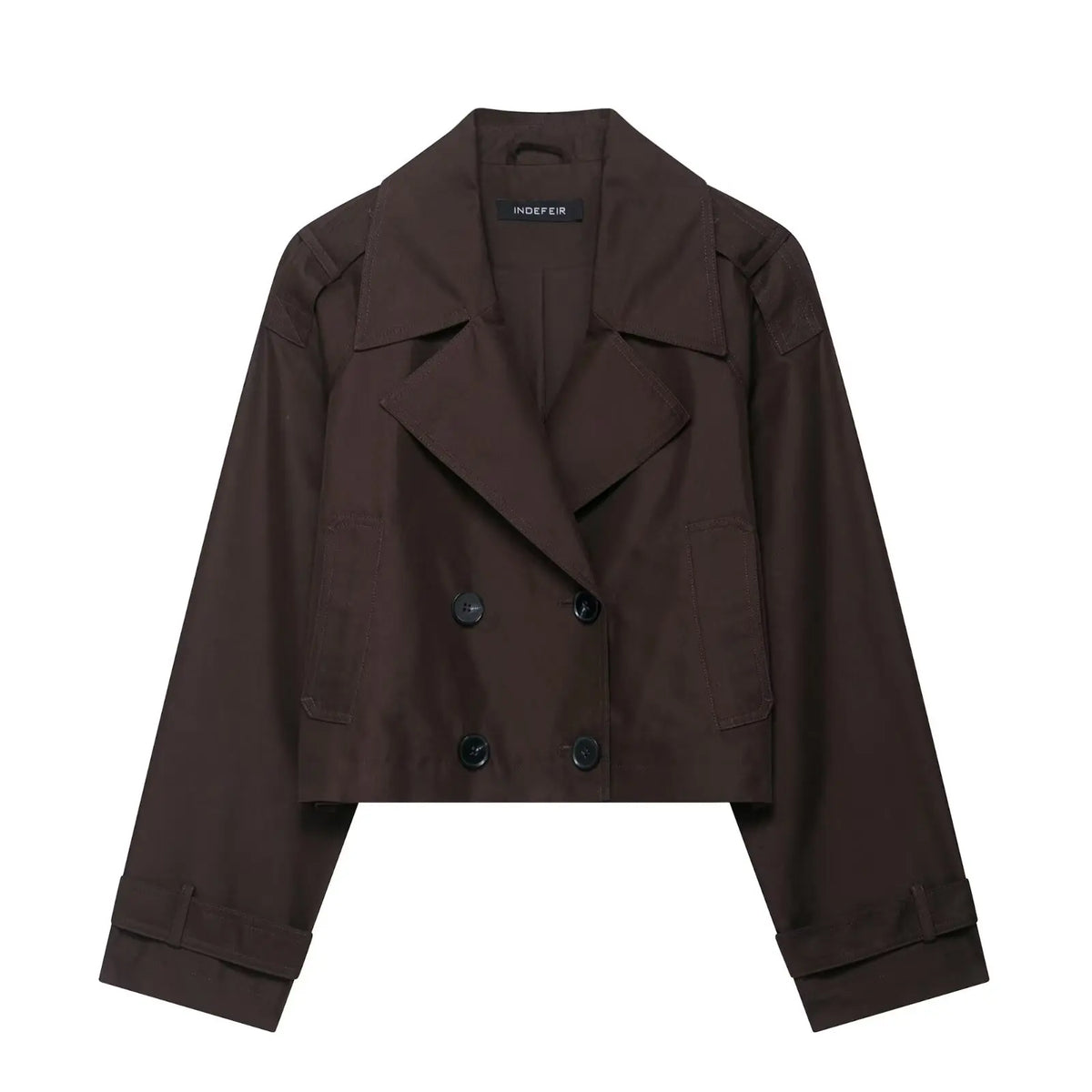 Kort dubbelknäppt jacka för dam, beskuren design med krage, i beige och brunt