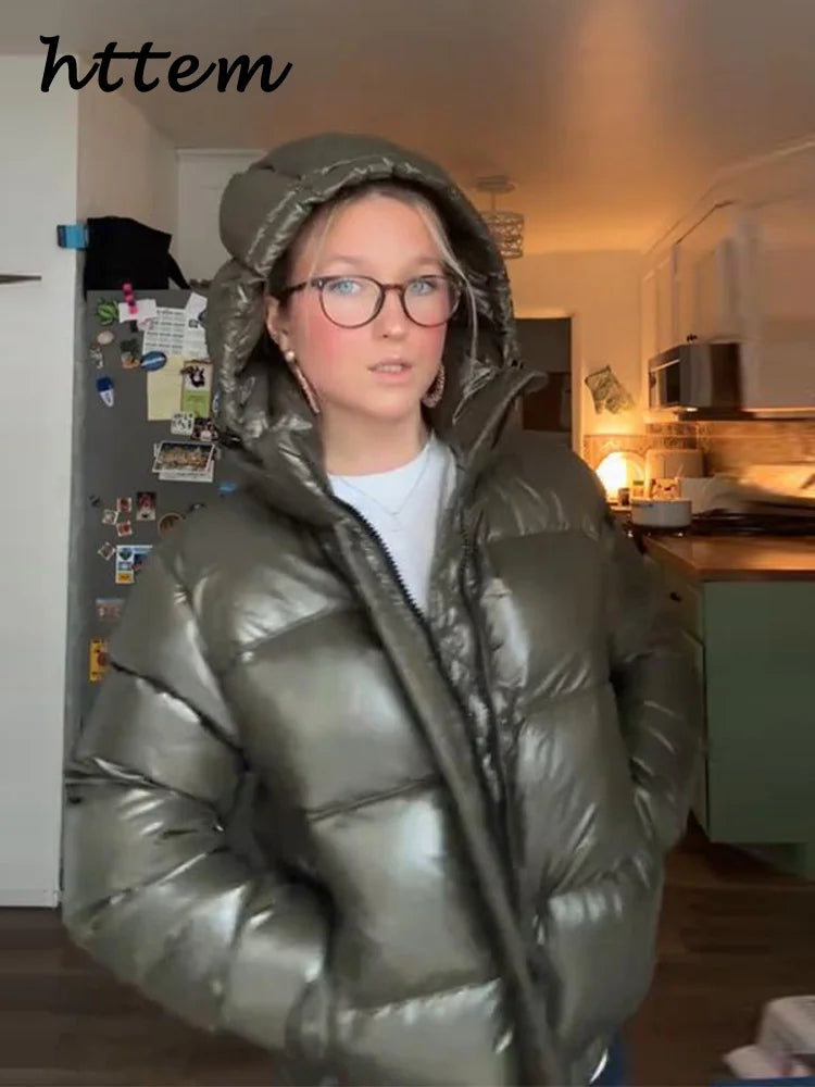 Grön glansig dunjacka med huva, kort pufferjacka för dam