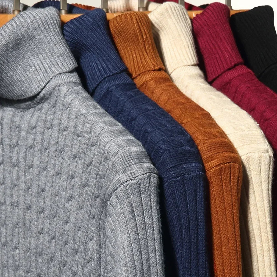 Polo Herr Tröja Kabelstickad Hög Krage Långärmad – Flera Färger