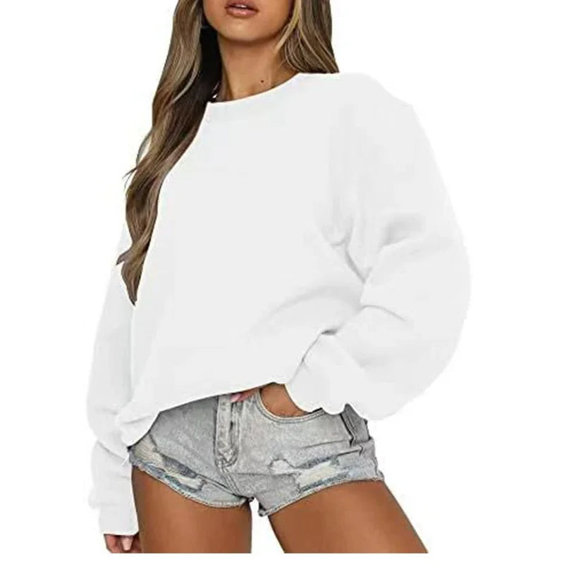 Enfärgad Sweatshirt för Dam med Rund Hals