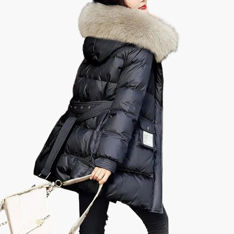 Dam Vinterjacka med Pälskantad Huva – Elegant Varm Lång Parkas för Kallt Väder