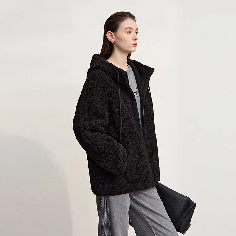 Dam teddyjacka med huva och fickor – Beige eller Svart