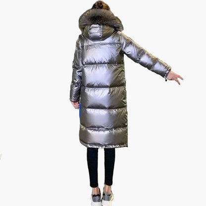 Dam Vinterjacka Lång Puffer Med Stor Pälsluva – Elegant Värmande Kappa För Kalla Dagar
