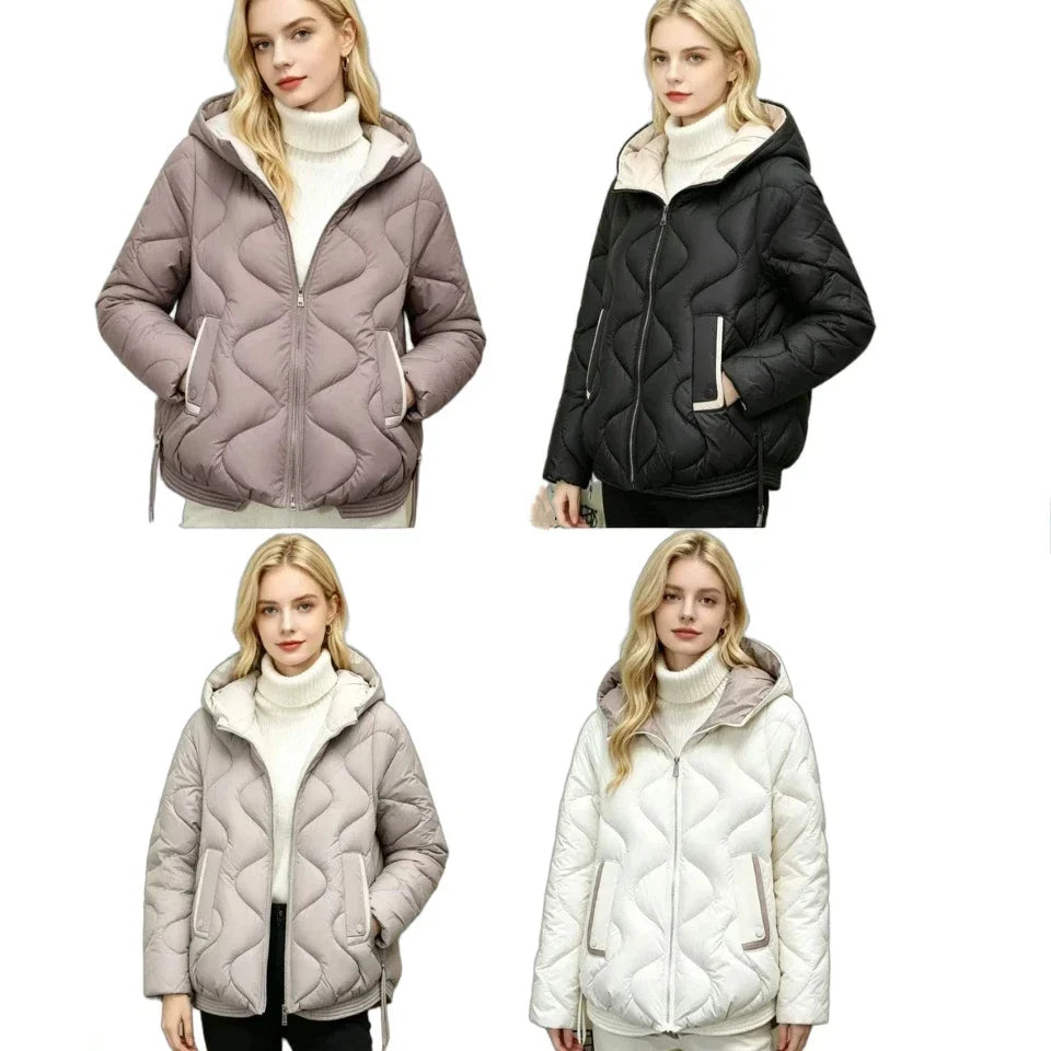 Kvinnors vadderad jacka med huva, quiltad pufferjacka i enfärgad design