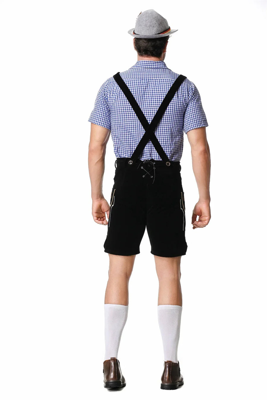 Herr Oktoberfest Lederhosen-set med skjorta, hängslen och hatt, broderade korta byxor