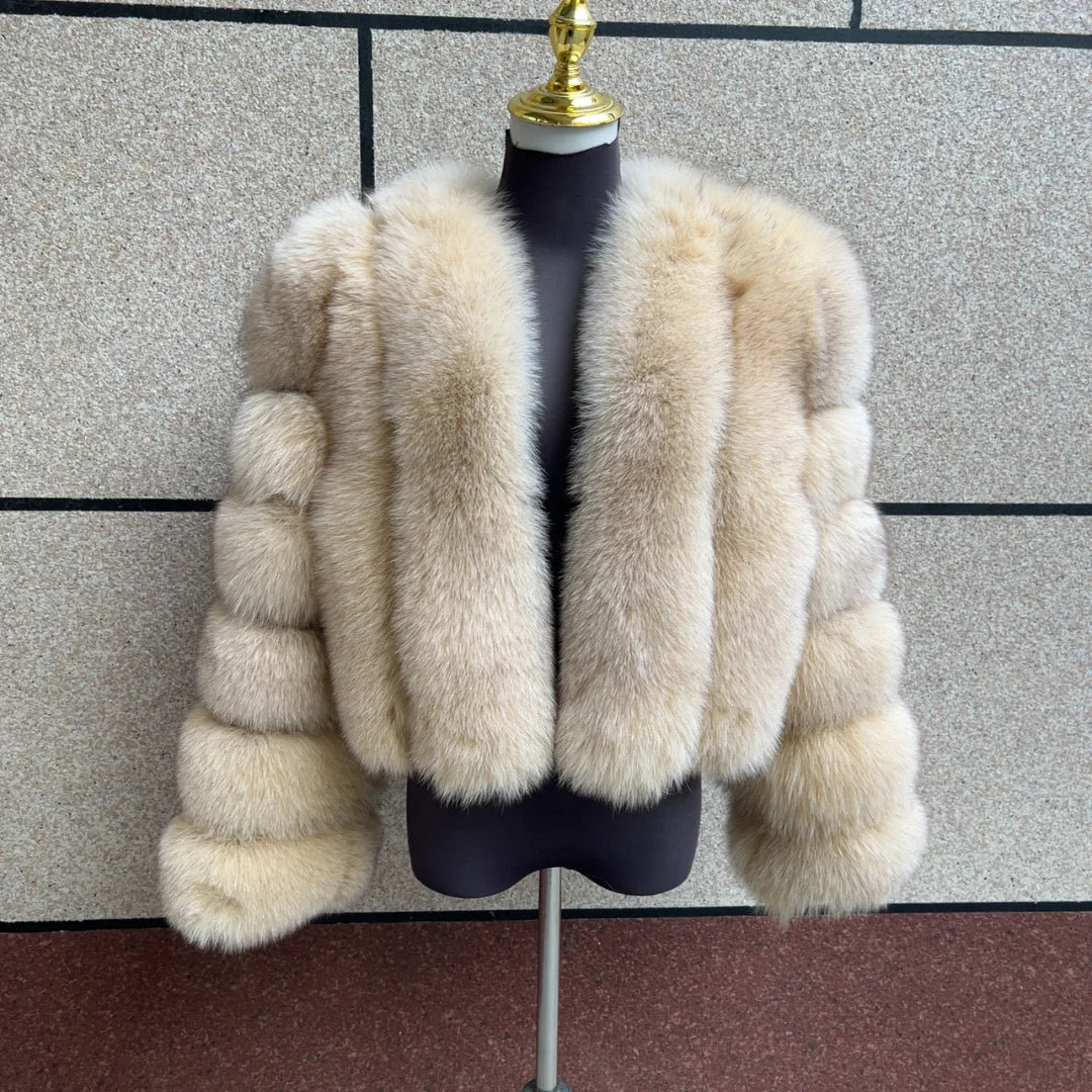 Kort fluffig fuskpälsjacka för dam, öppen design, flerfärgad