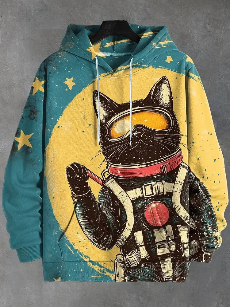 Hoodie med kattmotiv, tryck och huva, lång ärm