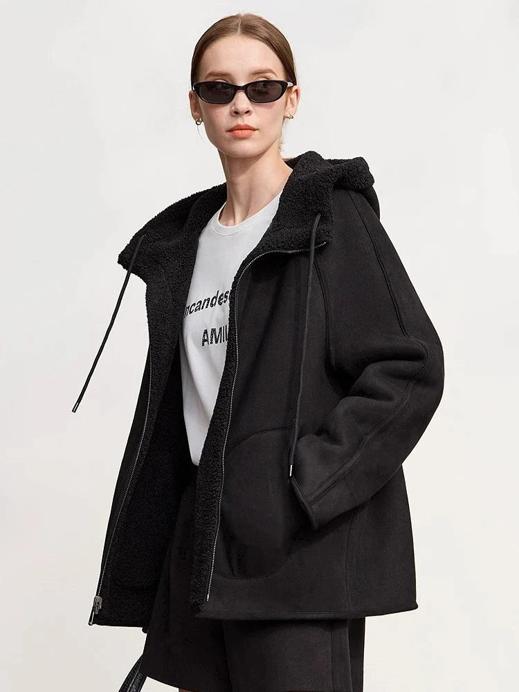 Dam teddyjacka med huva och fickor – Beige eller Svart