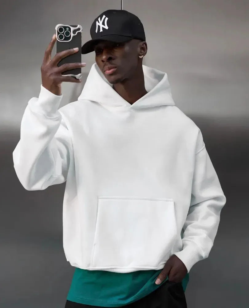 Män Oversize Hoodie med Känguruficka och Huva i Enfärgade Material