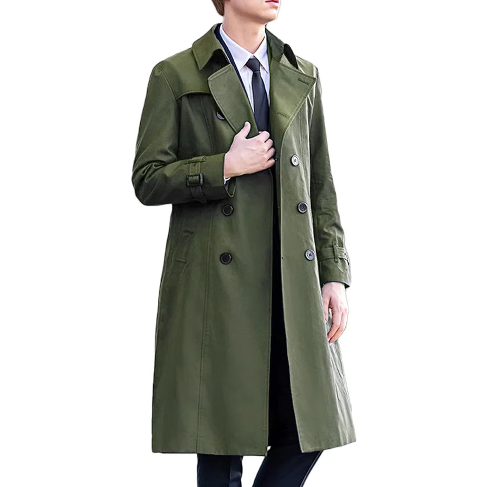 Herr Trenchcoat med Dubbelknäppning, Lång Passform och Krage