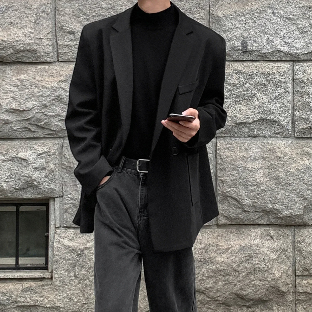 Herr Blazer Överdimensionerad Passform Enkelknäppt Casual Jacka med Två Knappar