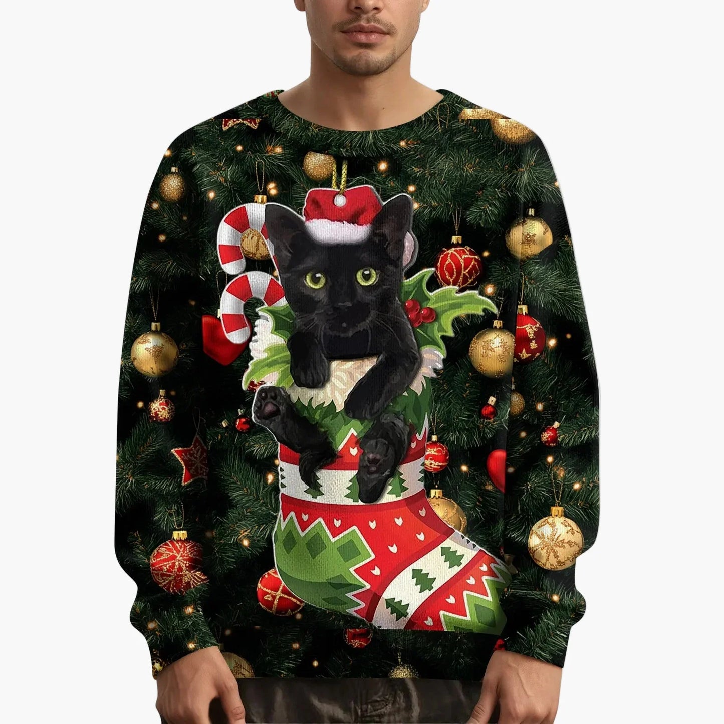 Herr jultröja med kattmotiv och festligt mönster – Perfekt för julfester och mysiga vinterdagar