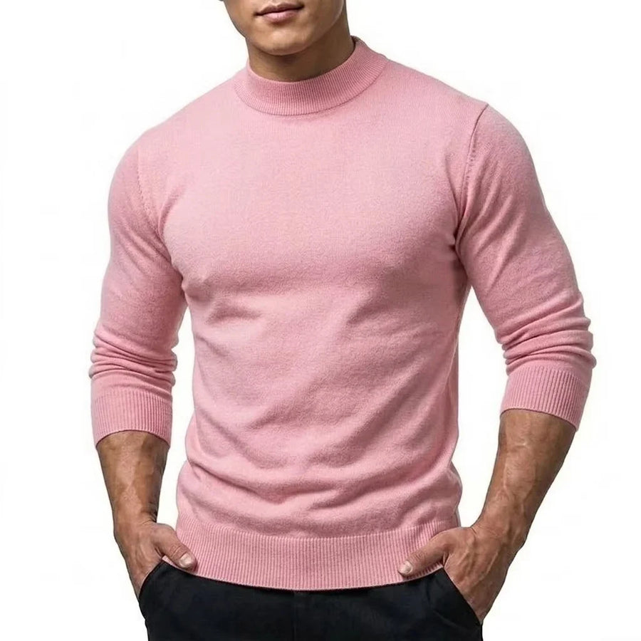 Herrtröja mockneck långärmad ribbstickad kant enfärgad