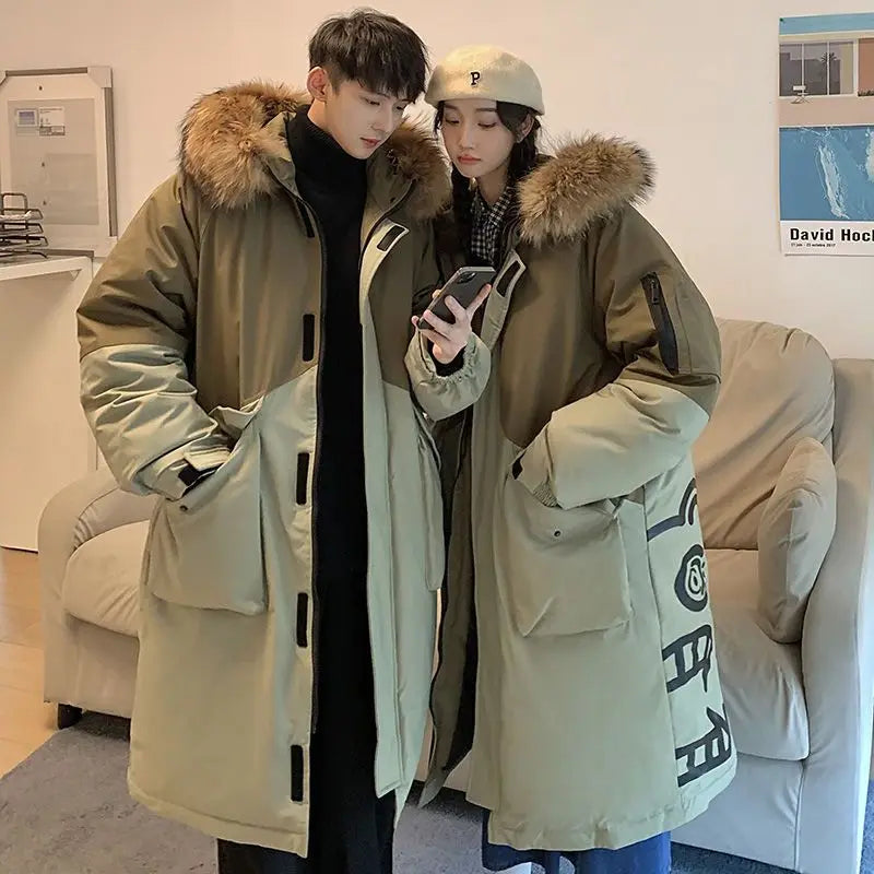 Unisex Lång Vinterjacka med Konstpälsfodrad Huva och Tvåfärgad Design