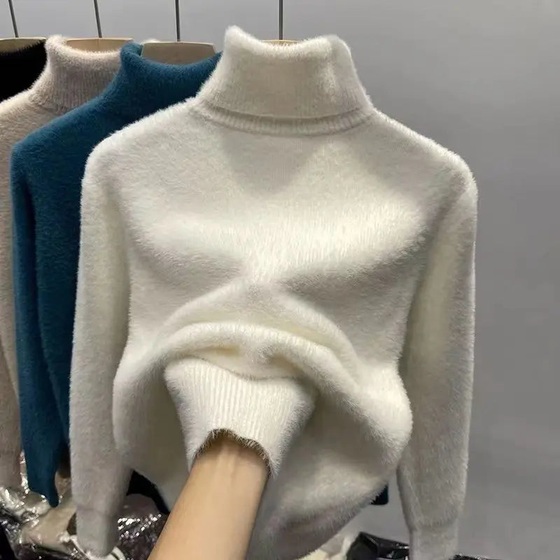Mjuk Höghalsad Tröja för Dam i Fluffigt Material, Långärmad