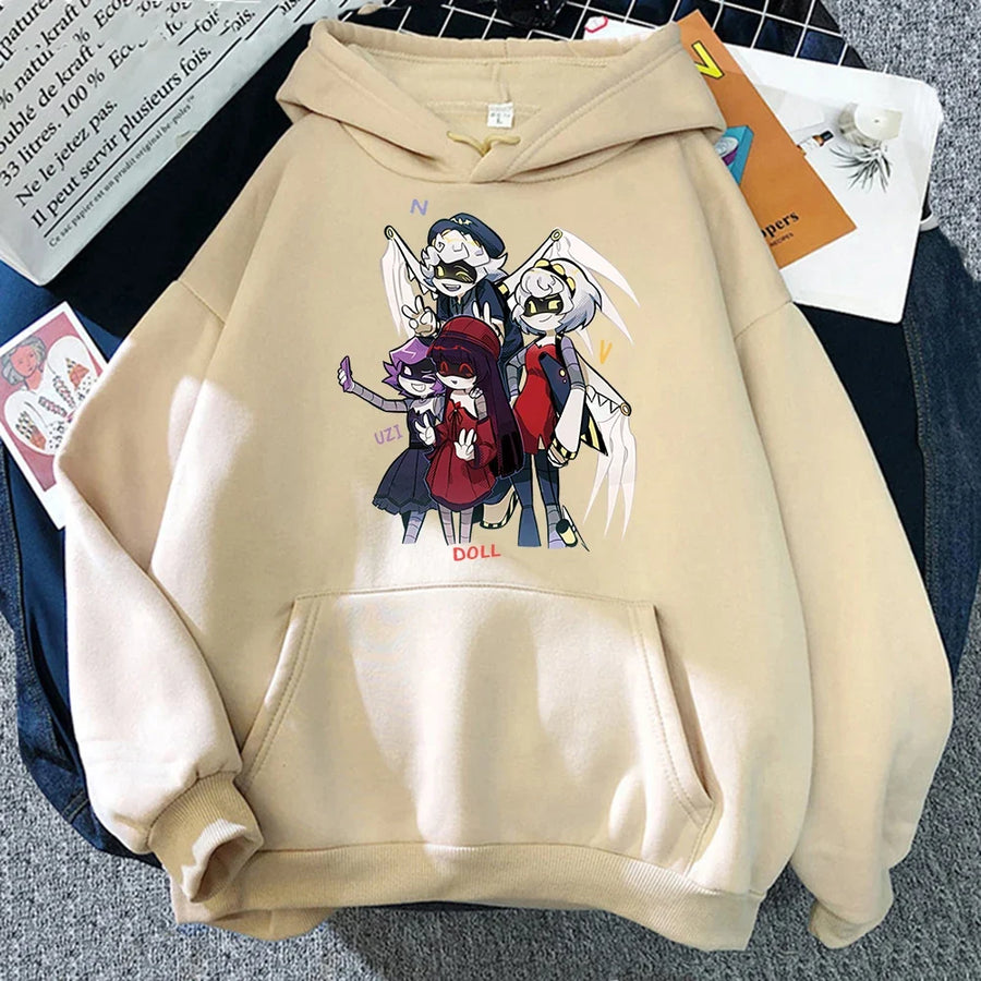 Hoodie med tryck och magficka, långärmad huvtröja