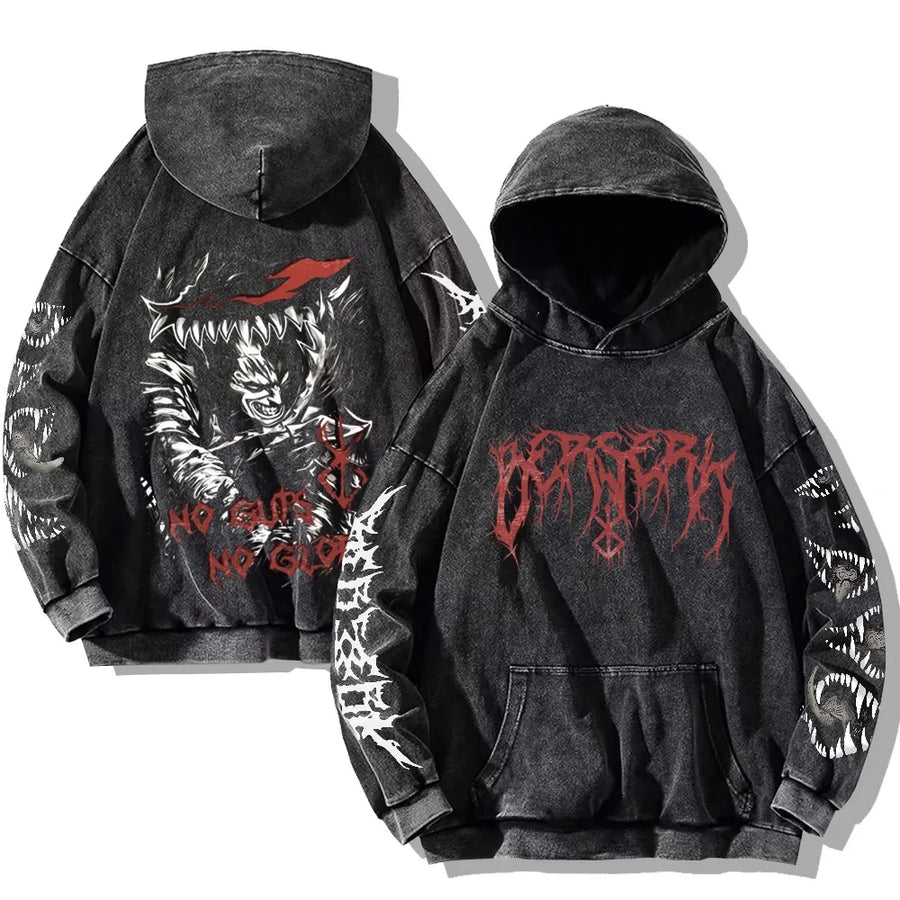 Svart huvtröja med tvättad look och tryck, Unisex Berserk-inspirerad hoodie