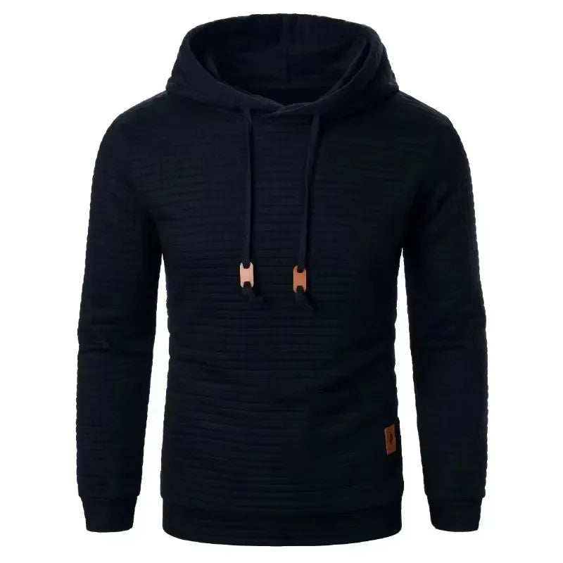 Rutig hoodie i stickat material med huva och dragsko