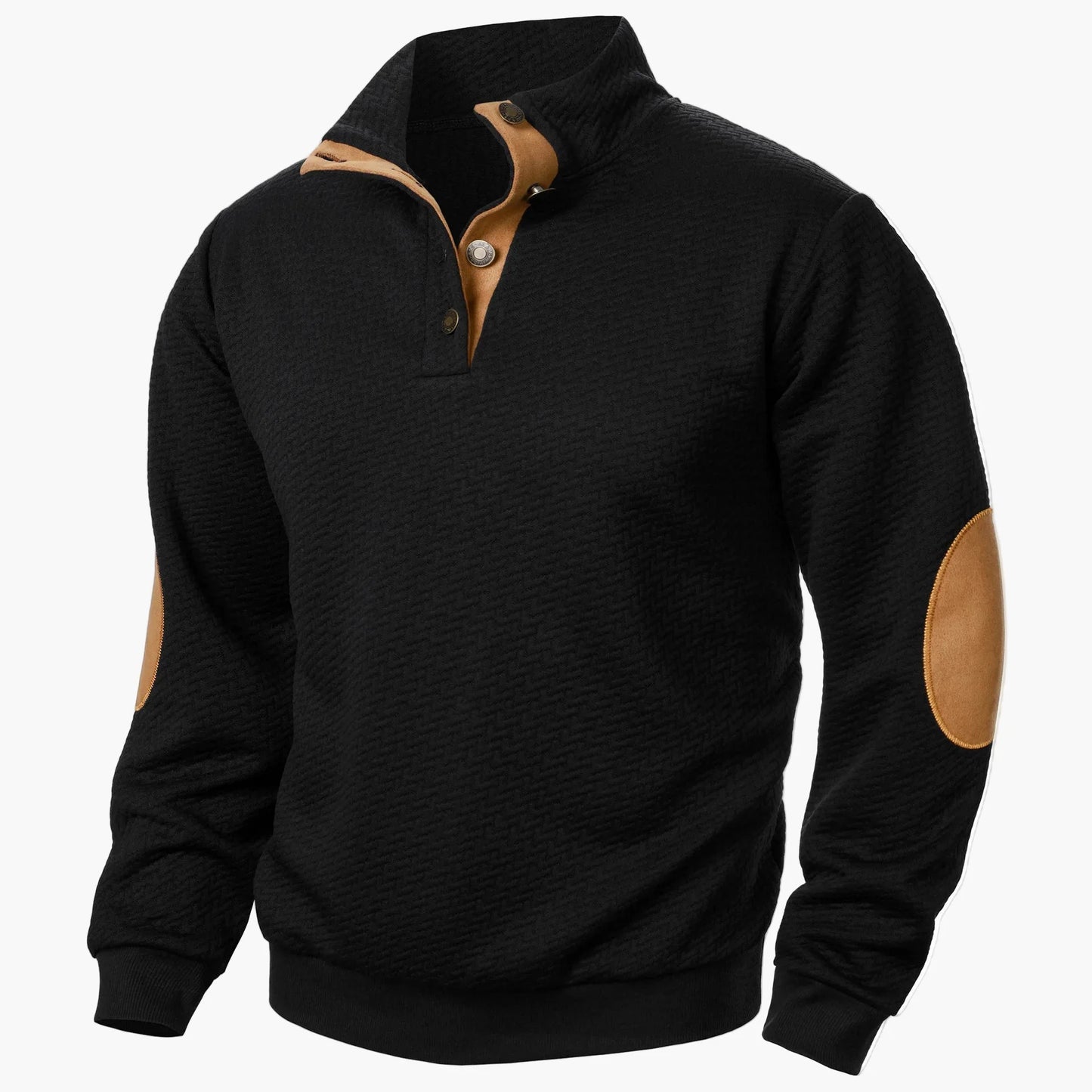 Herrens stickad pullover med trendig halvknäppning och förstärkta armbågar – perfekt för vardag och fritid
