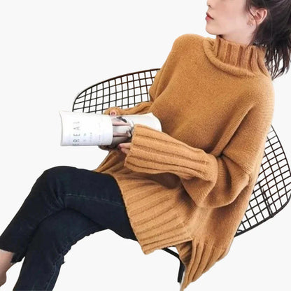 Damstickad oversize tröja med hög krage – koreansk stil för höst och vinter