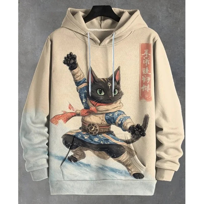 Hoodie med kattmotiv, tryck och huva, lång ärm