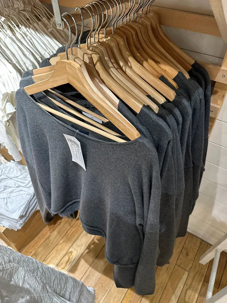 Vid Halsringad Långärmad Tröja Crop Top Grå