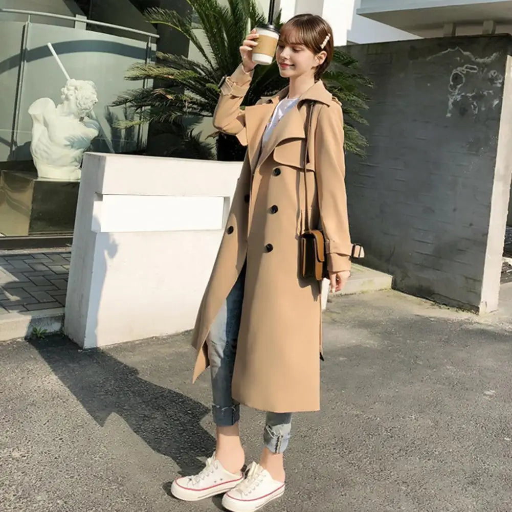 Klassisk Trenchcoat för Dam, Lång Dubbelknäppt Kappa med Bälte