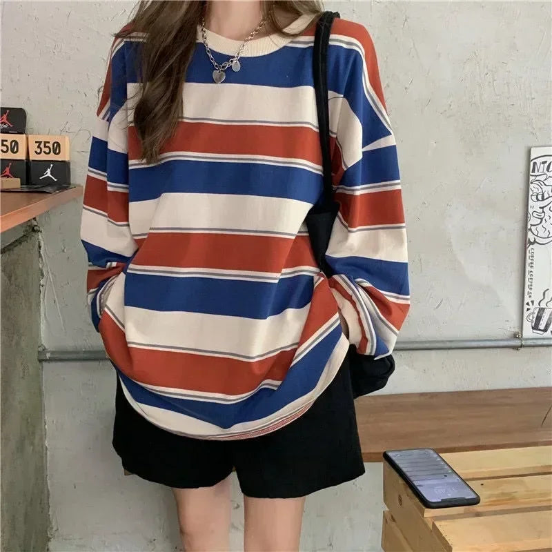 Randig långärmad T-shirt oversized i mjukt material