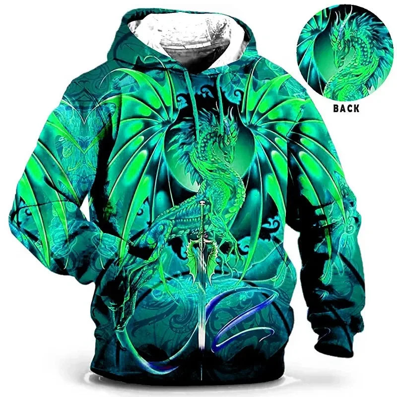 Unisex Hoodie med Drakmönster och Fickor
