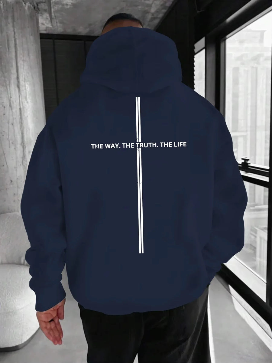 Hoodie med tryck och dubbla ränder, oversized passform